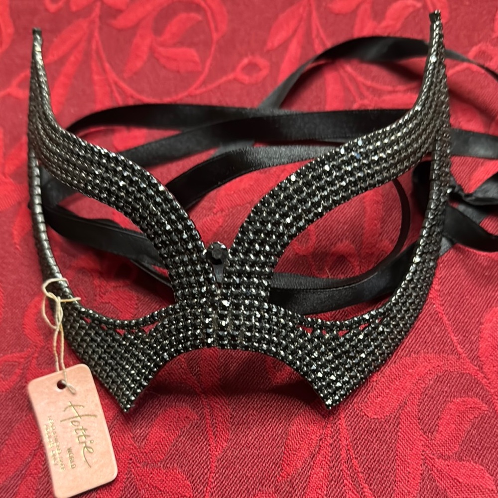 Black Rhinestone Face Mask with Winged Design
